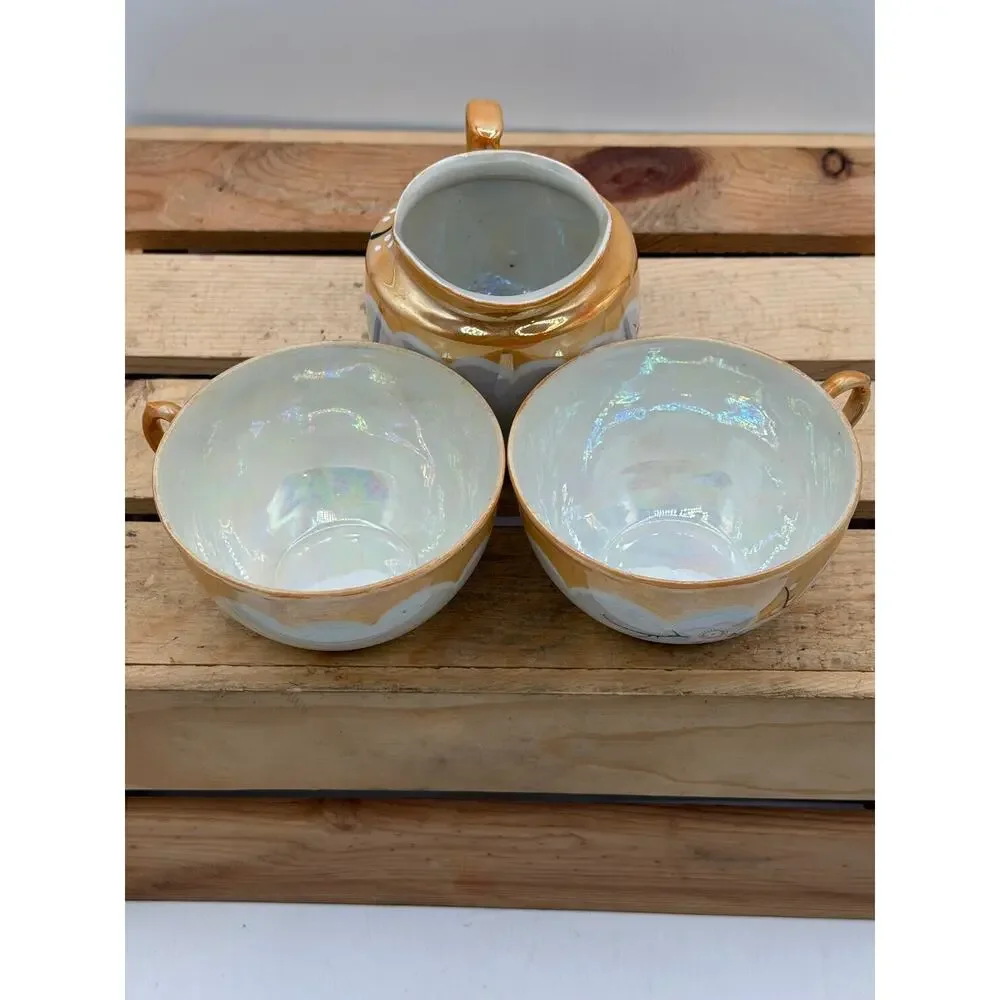 Vintage Hand-Painted Japanese Iridescent Tea Set - Pitcher and Two Cups